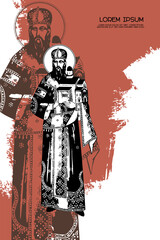 Religious vintage poster template with Saint Stefan Urosh I. Christian illustration in Byzantine style