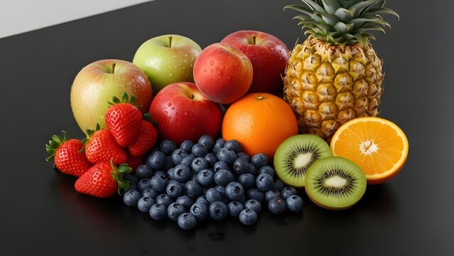 Fresh red apples, ripe strawberries, and assorted tropical fruits and berries isolated on a striking black background