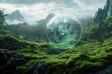 Futuristic green digital globe glowing in a lush natural forest.