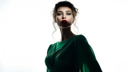 girl in green dress on white background