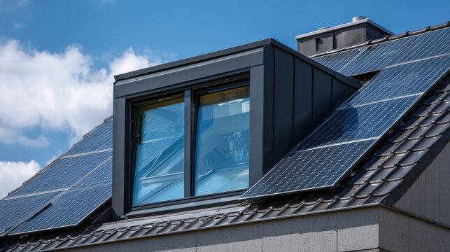 Modern house roof with solar panels and dormer