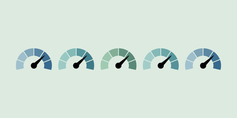 Row of five colorful speedometers showing different levels on a light background