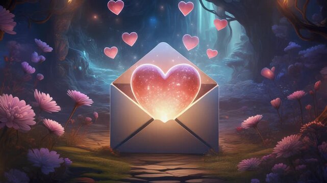 A sweet cartoon moment caught as an opened envelope releases a tiny rising heart of light