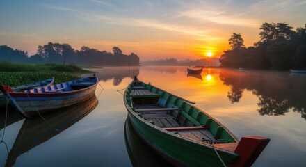 Two small wooden rowboats floating on a calm river at sunrise