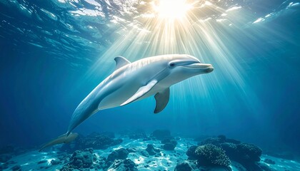 Naklejka premium Dolphin Swimming Under Bright Underwater Sunbeams