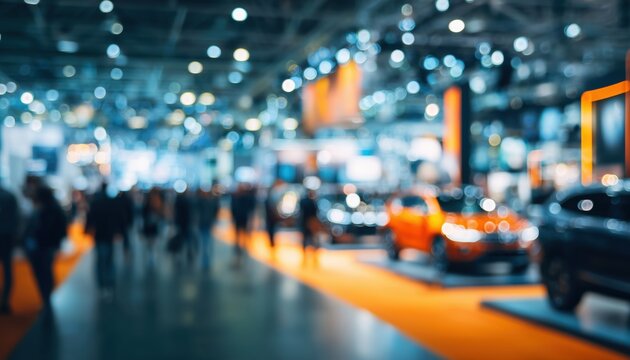 Abstract Blurred Image Of Festival Event With People And Motor Show: Convention And Business Event, People And Life Theme. Orange And Blue Light Tones. Defocused Photograph.