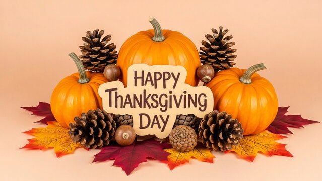 Thanksgiving day arrangement with pumpkin, pinecone, and autumn leaves