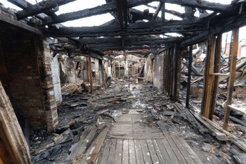 Severely Damaged Roof on Fire-Destroyed House Remnants Outdoors