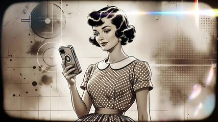 girl with smartphone in vintage retro style