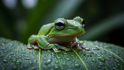 Vibrant Green Tree Frog Resting on Wet Leaf with Water Droplets