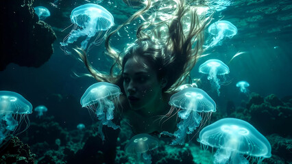 Girl underwater with jellyfish