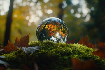 Futuristic green digital globe glowing in a lush natural forest.