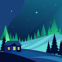 Cozy cabin in a winter wonderland under a starry night sky