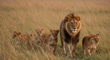 Lion family walking in tall grass