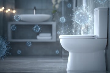 Clean Toilet Seat with Magnified Views of Bacteria and Viruses Germs