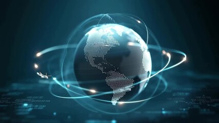 A digital representation of Earth surrounded by glowing orbits and data streams. The scene emphasizes global connectivity and technology. - Powered by Adobe