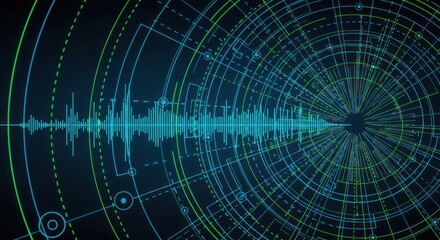 Abstract data visualization with sound waves and circular grids