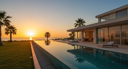 Luxury villa with swimming pool at sunset exterior view modern architecture reflection