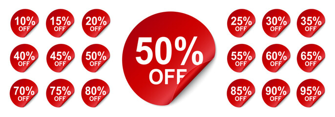 Promotional stickers with various percentage discounts, red promotion sticker badges for shopping marketing, discount prices sale