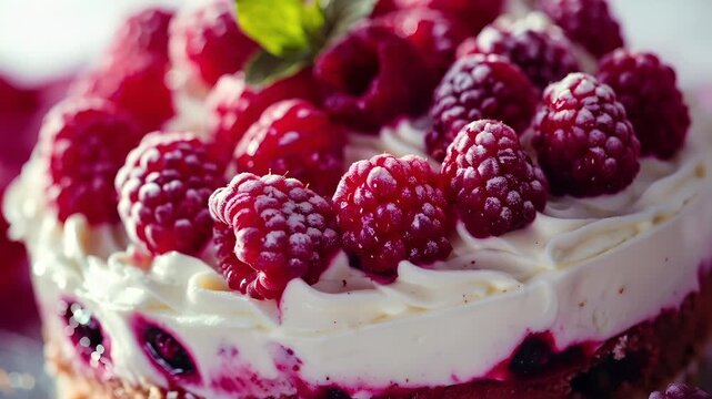 A closeup of a dessert with raspberries and cream on top. The style is vibrant and colorful, with a focus on the natural textures of the berries and the creamy white of the dessert.