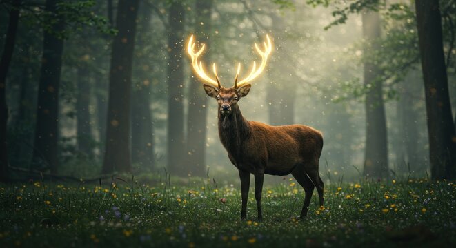Majestic deer with glowing antlers in a forest clearing - Powered by Adobe