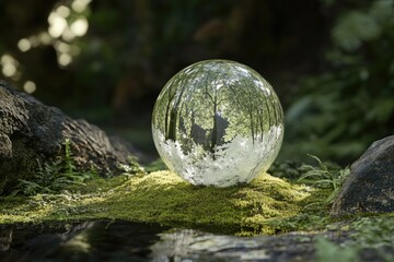 Futuristic green digital globe glowing in a lush natural forest.