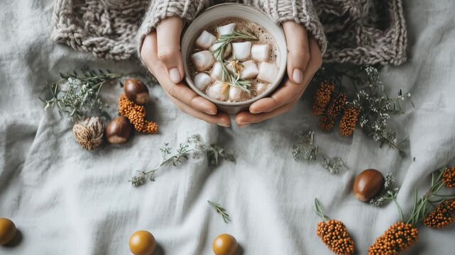 Warm hands holding a bowl of marshmallows surrounded by natural elements like pine cones and greenery. Cozy winter atmosphere.