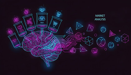 uman brain connected to various digital shopping and social media icons, suggesting the use of AI to process consumer behavior data market analysis