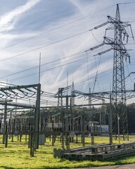 Substation with high voltage pylon
