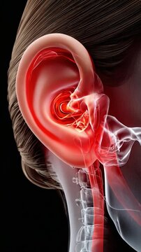 Ear Anatomy in Focus: This medical illustration vividly portrays the intricate structure of the human ear, highlighting its delicate components and anatomical details, emphasizing the anatomy.