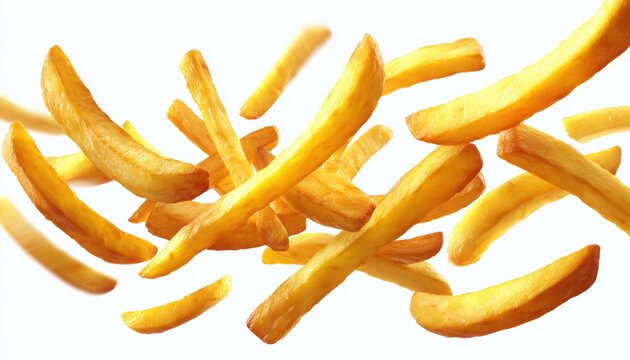 Potato Fry Falling On White Background With Clipping Path And Full Depth Of Field: A Crispy And Delicious Sight To Behold.
