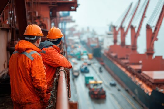 Maritime Workers Observe Cargo Ship Operations at Port