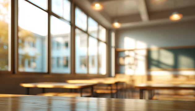 Blurry Yet Beautiful Classroom And Study Room With Panoramic Windows And Lovely Lighting, Set In An Empty School Environment.