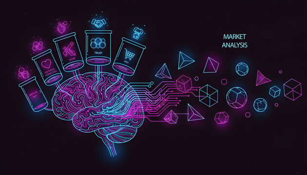 uman brain connected to various digital shopping and social media icons, suggesting the use of AI to process consumer behavior data market analysis