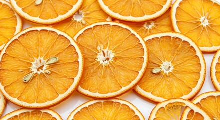 Close up of dried orange slices with visible seeds and white pith citrus fruit