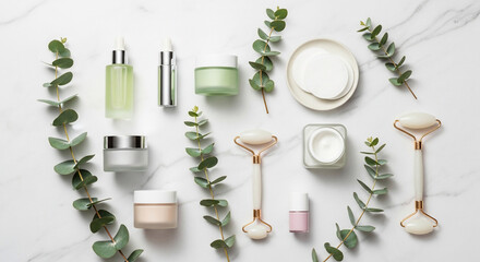 Flat lay of beauty products and eucalyptus leaves on a marble surface, showcasing natural skincare