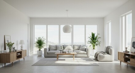 Fototapeta premium Modern interior living room with sofa and plants