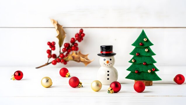 Festive christmas decorations with snowman and tree - Powered by Adobe