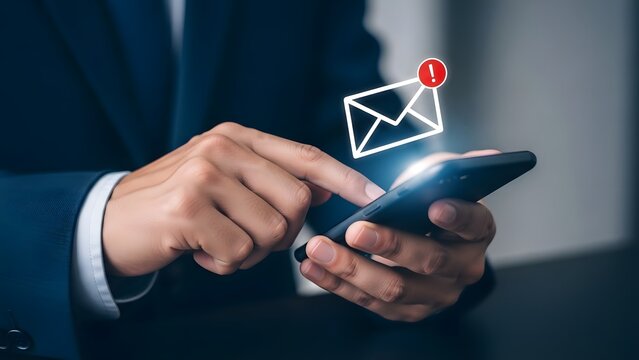 Man using smartphone receiving email notification business communication concept