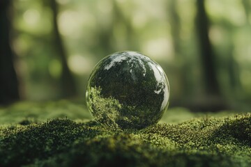 Futuristic green digital globe glowing in a lush natural forest.