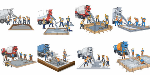 Detailed illustration set depicting construction workers and cement mixer trucks pouring and finishing concrete foundation slabs for building projects.