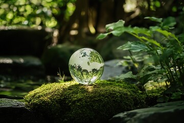Futuristic green digital globe glowing in a lush natural forest.