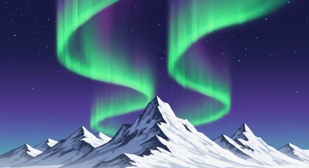 Northern lights aurora borealis over snowy mountain peaks night sky illustration