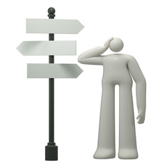 A man stands by a signpost