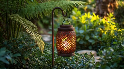 Outdoor solar lantern amidst vibrant garden. Bronze-toned, woven lantern casts warm light. Dark brown metal stake
