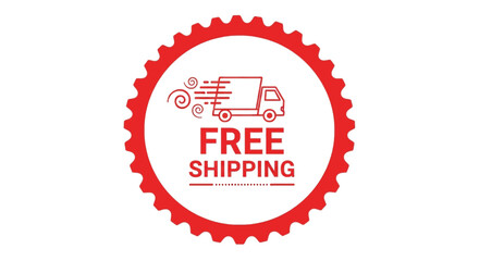 Red circular stamp icon graphic illustrating free shipping service
