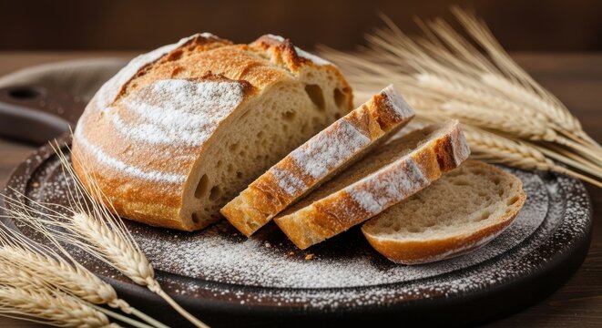 Freshly Baked Sourdough Bread Slices with Wheat Stalks