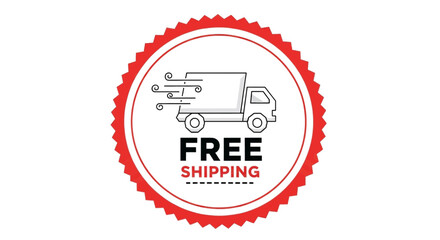 Red circular stamp icon featuring a fast delivery truck and free shipping text