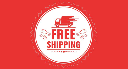 Red circular badge graphic advertising free shipping with a delivery truck icon