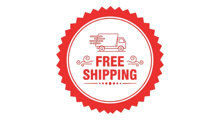 Red circular badge graphic advertising free shipping with a delivery truck icon